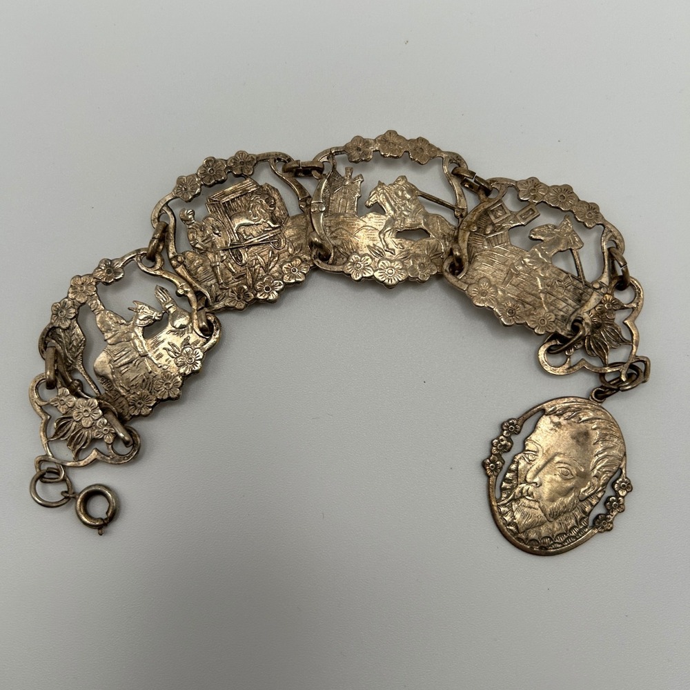 Vintage Don Quixote Story Panel Link Bracelet Made in Spain Silver Tone 29.74g